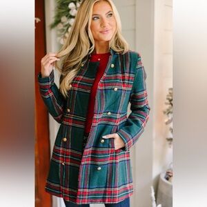 Brand new with tag Allegra K Green and Red Plaid tartan Pea Coat